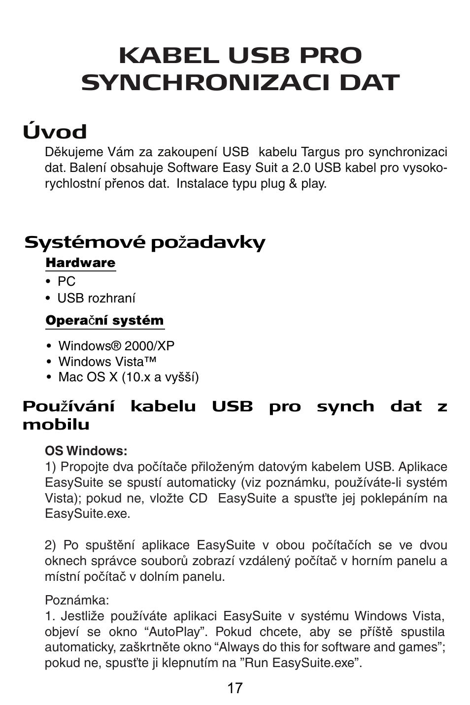 Cz – ceština, Kabel usb pro synchronizaci dat, Úvod | Systémové po å adavky | Targus USB Cable User Manual | Page 17 / 155