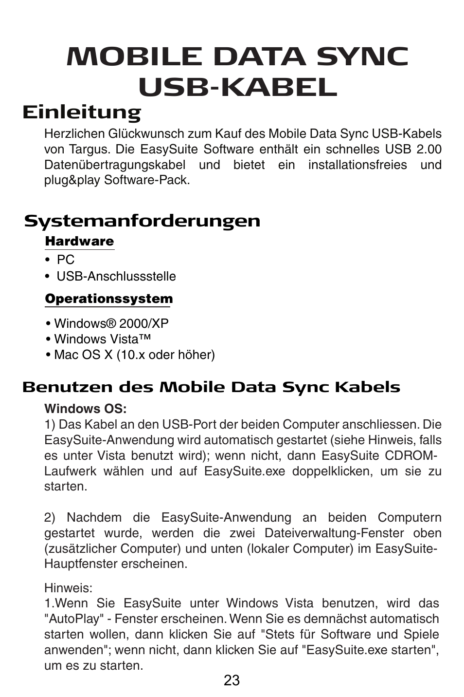De – deutsch, Mobile data sync usb-kabel, Einleitung | Targus USB Cable User Manual | Page 23 / 155