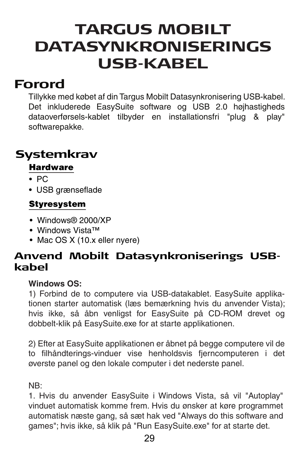 Dk – dansk, Targus mobilt datasynkroniserings usb-kabel, Forord | Targus USB Cable User Manual | Page 29 / 155