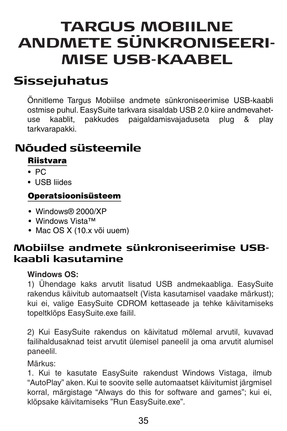 Ee – eesti, Sissejuhatus | Targus USB Cable User Manual | Page 35 / 155