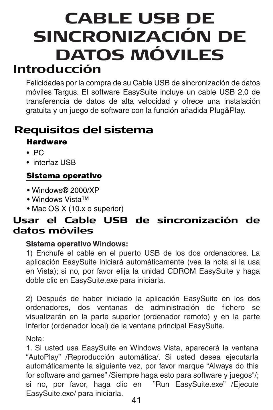Es – español, Cable usb de sincronización de datos móviles | Targus USB Cable User Manual | Page 41 / 155