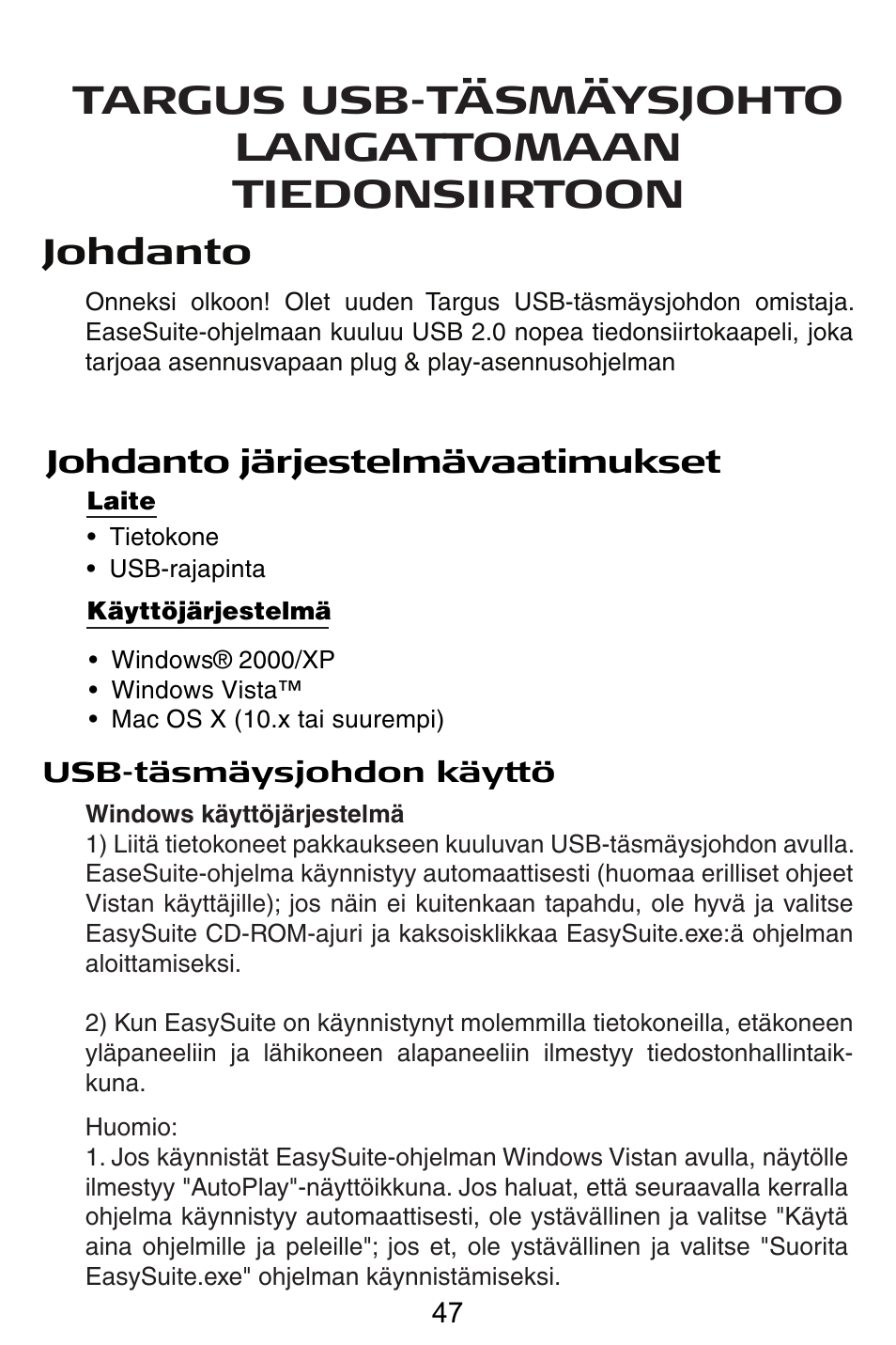 Fi – suomi, Johdanto | Targus USB Cable User Manual | Page 47 / 155