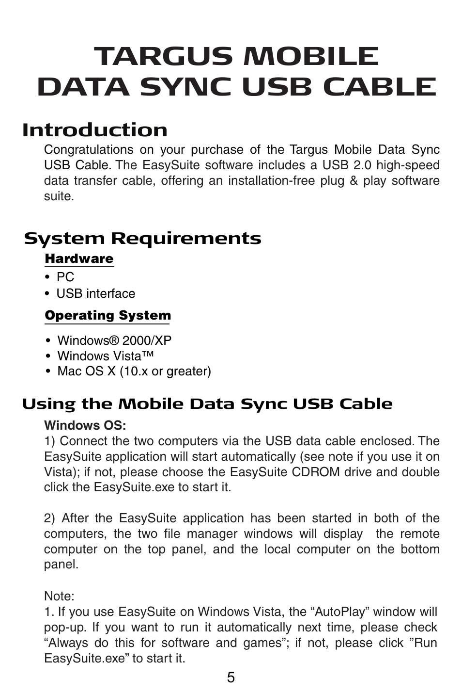 Gb – english, Targus mobile data sync usb cable, Introduction | Targus USB Cable User Manual | Page 5 / 155