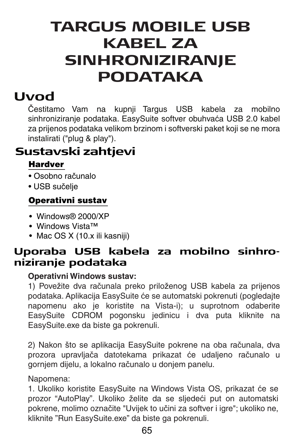 Hr – hrvatski, Uvod, Sustavski zahtjevi | Targus USB Cable User Manual | Page 65 / 155