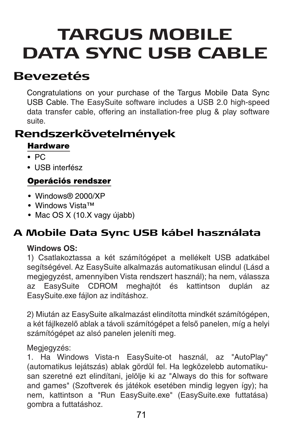 Hu – magyar, Targus mobile data sync usb cable, Bevezetés | Targus USB Cable User Manual | Page 71 / 155