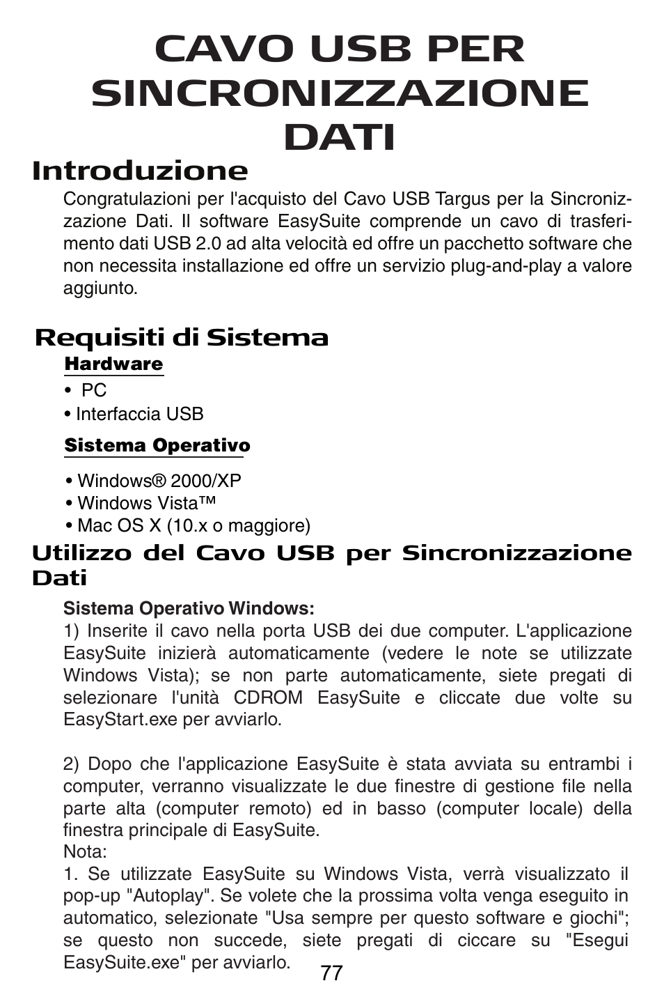 It – italiano, Cavo usb per sincronizzazione dati | Targus USB Cable User Manual | Page 77 / 155