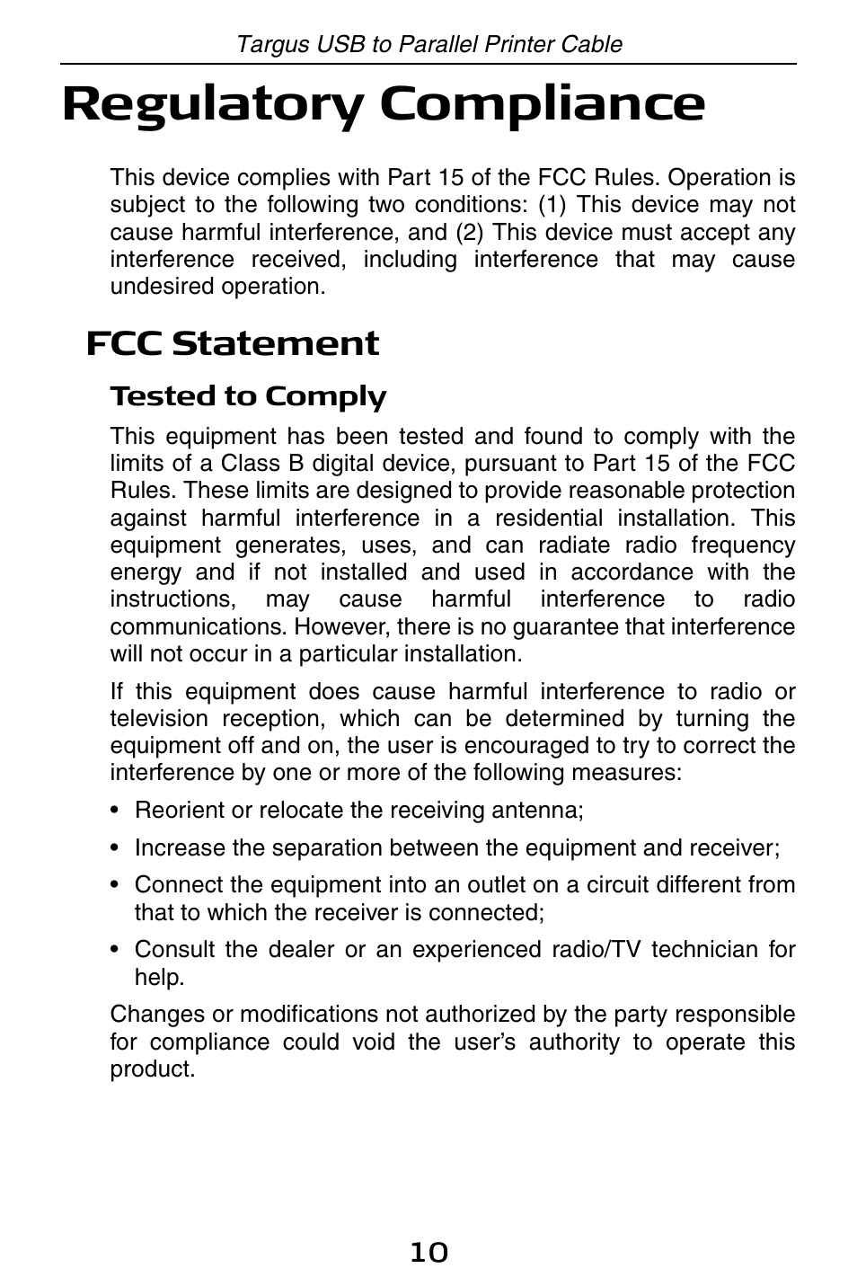 Regulatory compliance, Fcc statement | Targus PA096E User Manual | Page 10 / 66