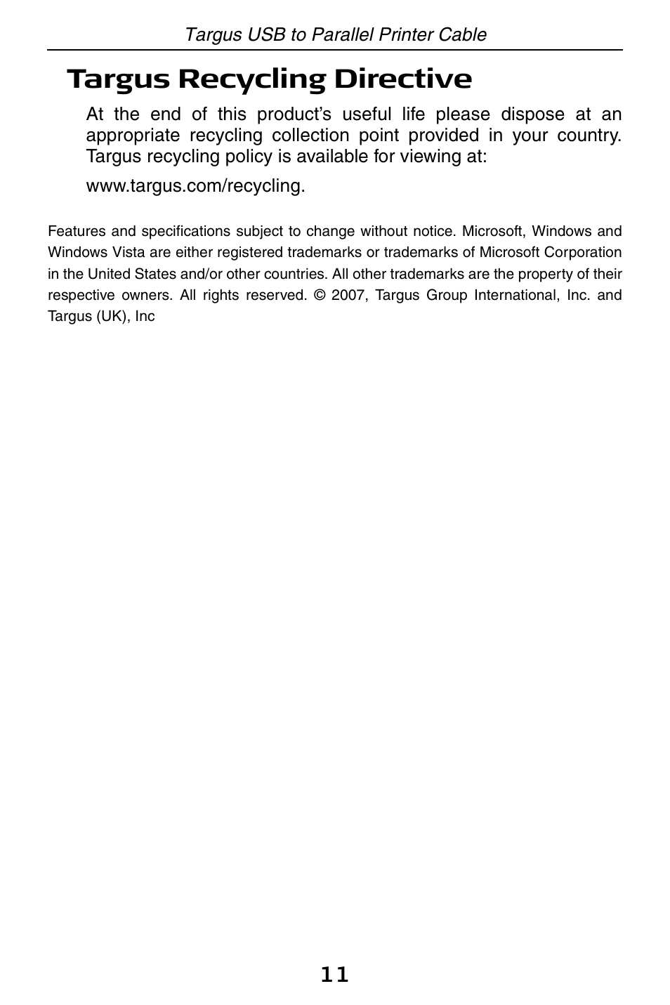 Targus recycling directive | Targus PA096E User Manual | Page 11 / 66