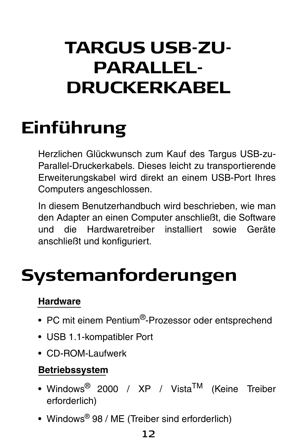 Targus usb-zu- parallel- druckerkabel einführung, Systemanforderungen | Targus PA096E User Manual | Page 12 / 66