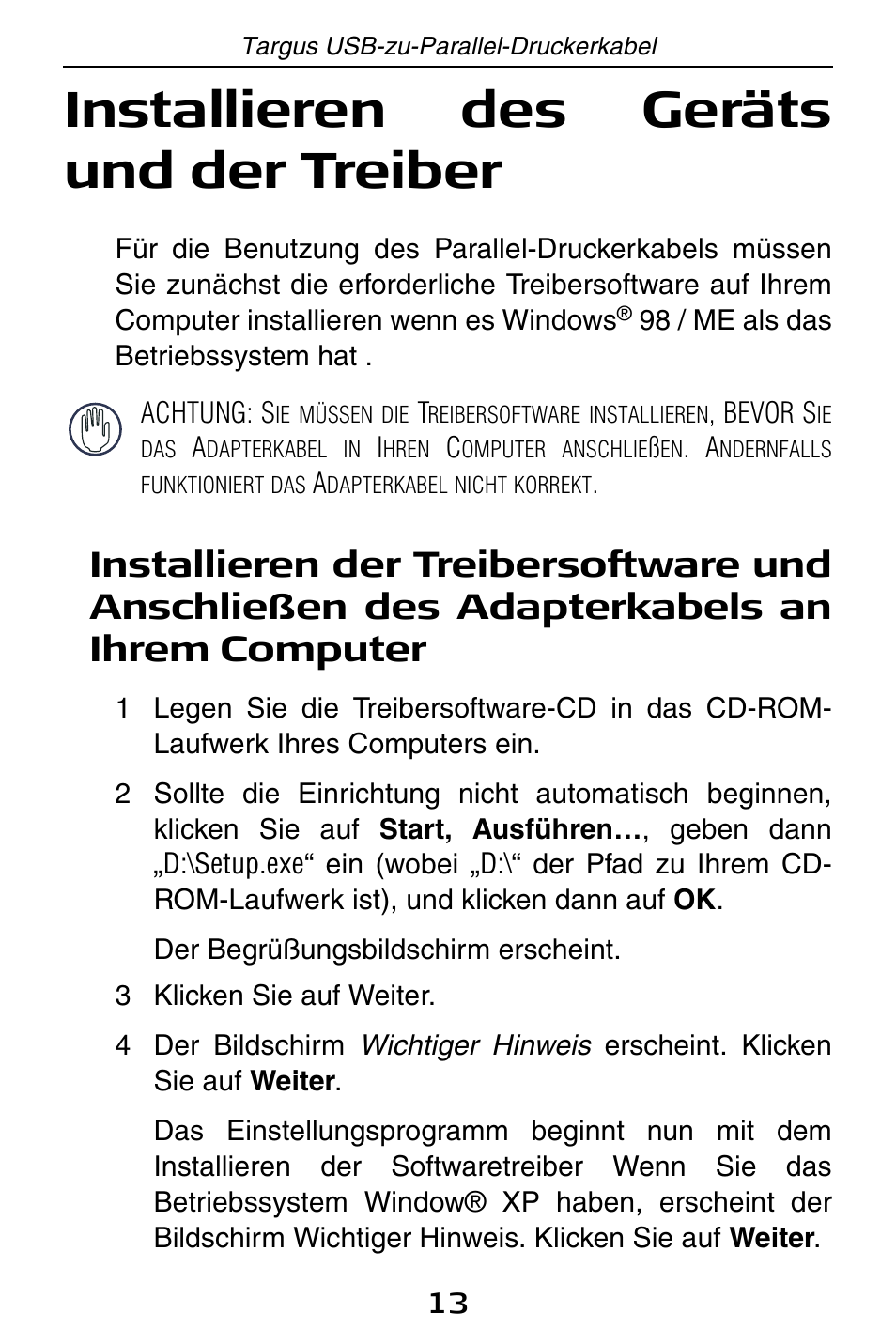 Installieren des geräts und der treiber | Targus PA096E User Manual | Page 13 / 66