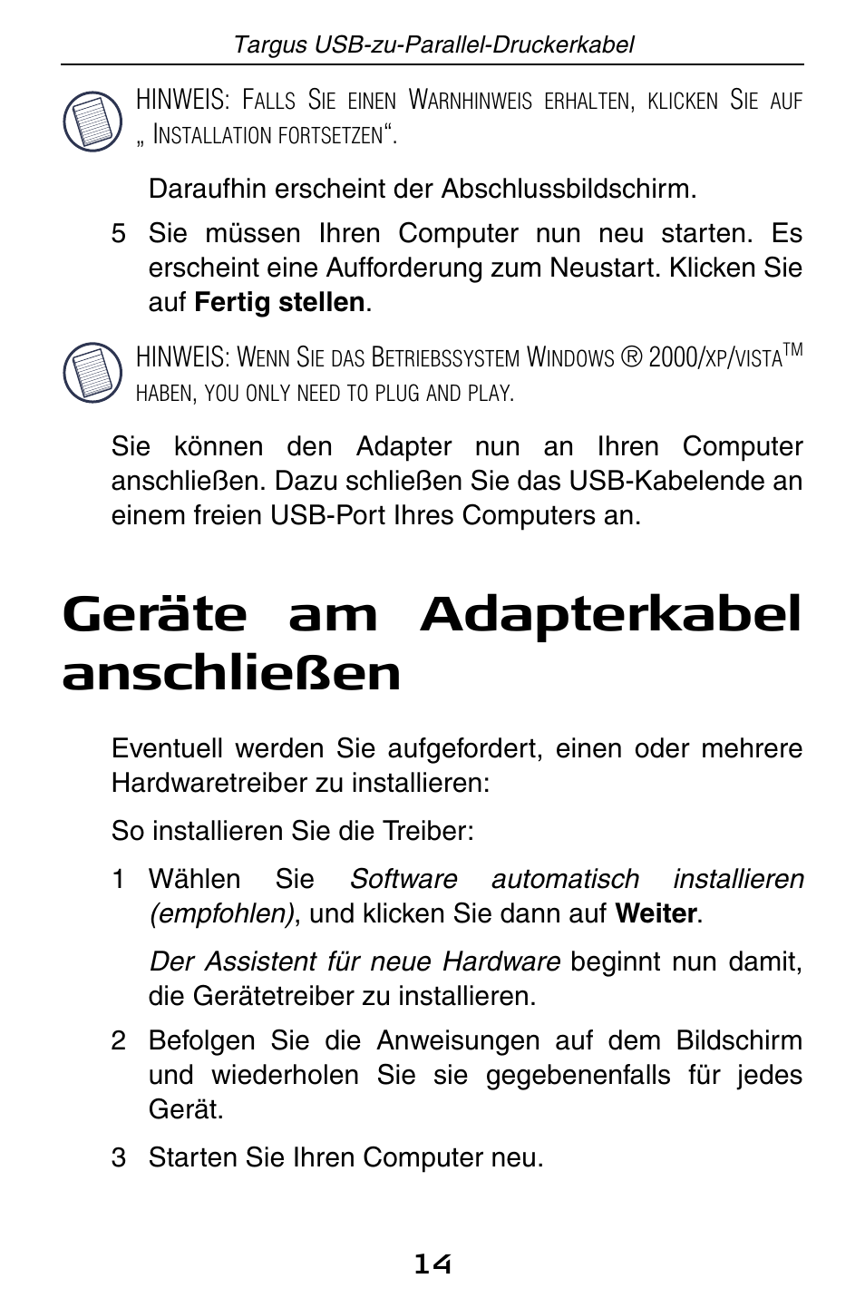 Geräte am adapterkabel anschließen | Targus PA096E User Manual | Page 14 / 66