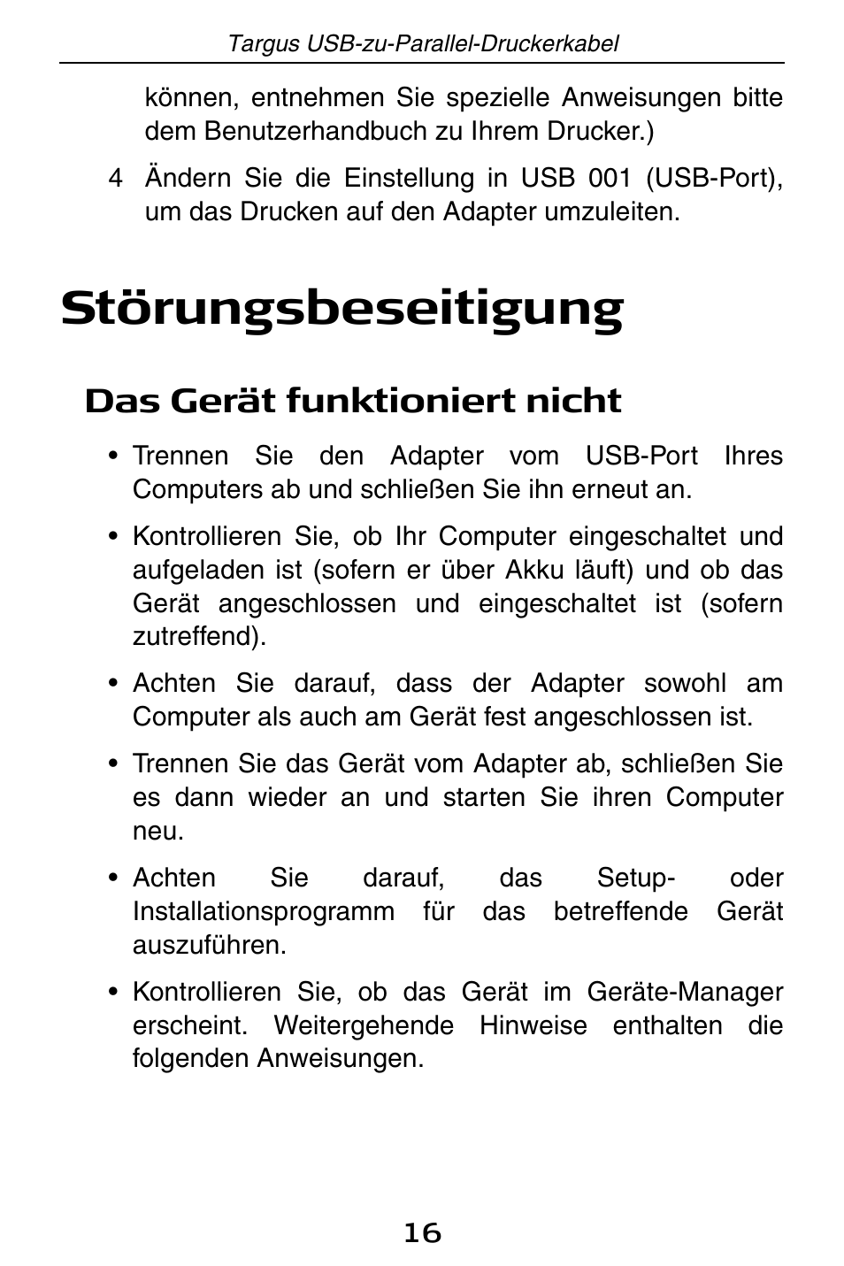 Störungsbeseitigung, Das gerät funktioniert nicht | Targus PA096E User Manual | Page 16 / 66