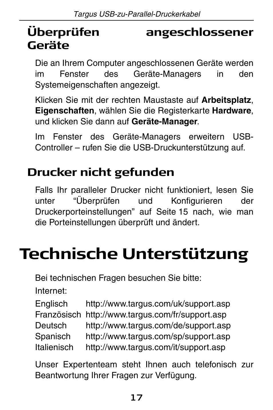 Technische unterstützung, Überprüfen angeschlossener geräte, Drucker nicht gefunden | Targus PA096E User Manual | Page 17 / 66