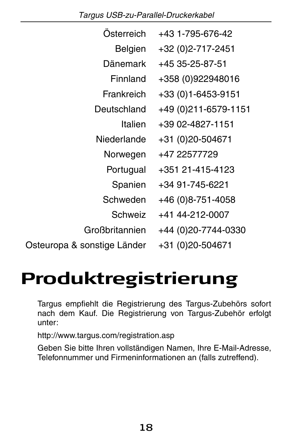 Produktregistrierung | Targus PA096E User Manual | Page 18 / 66