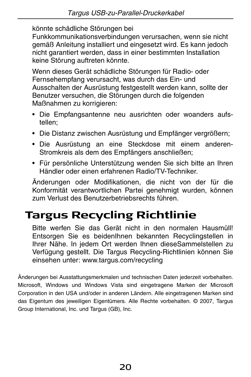 Targus recycling richtlinie | Targus PA096E User Manual | Page 20 / 66