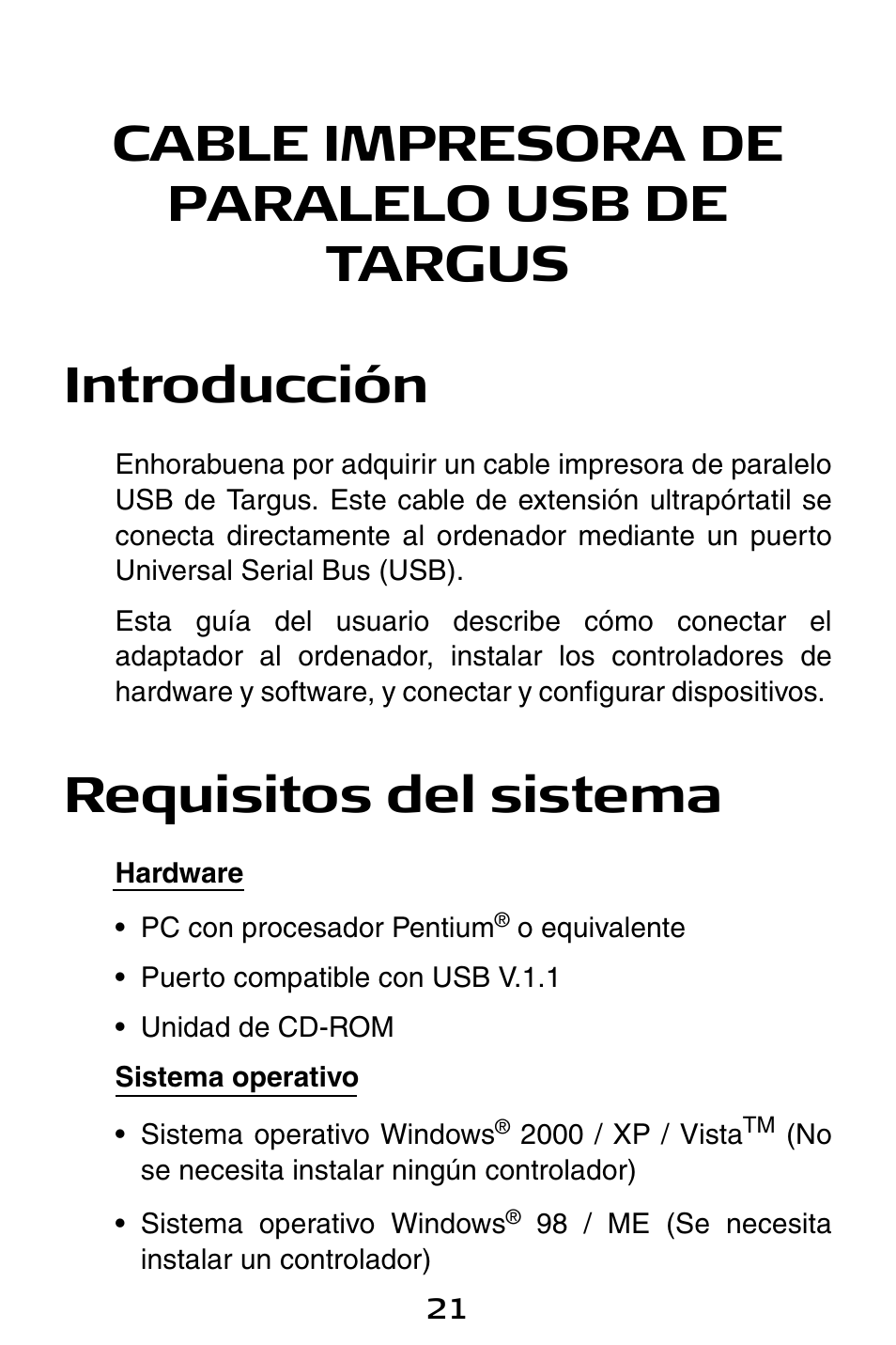 Requisitos del sistema | Targus PA096E User Manual | Page 21 / 66