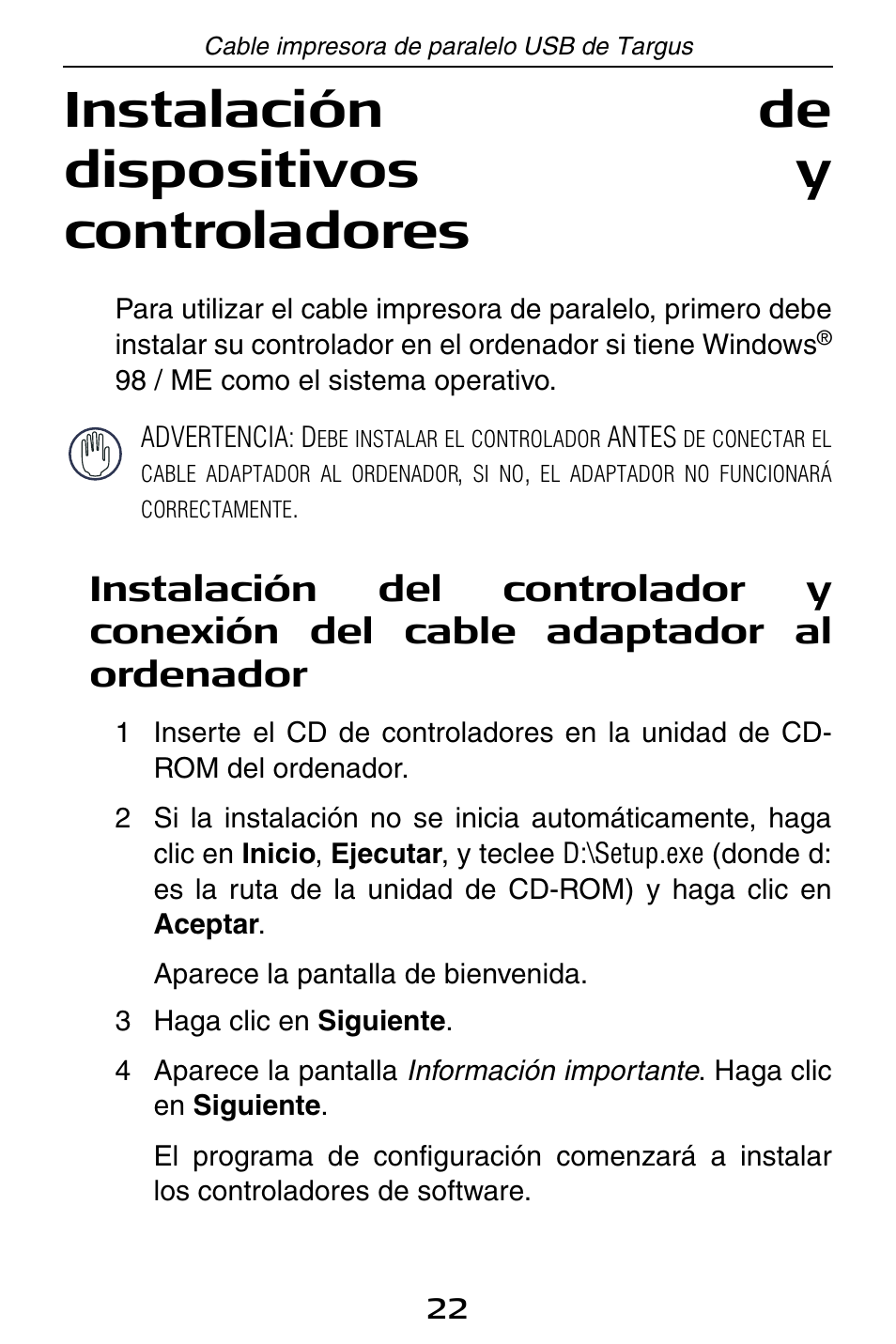 Instalación de dispositivos y controladores | Targus PA096E User Manual | Page 22 / 66