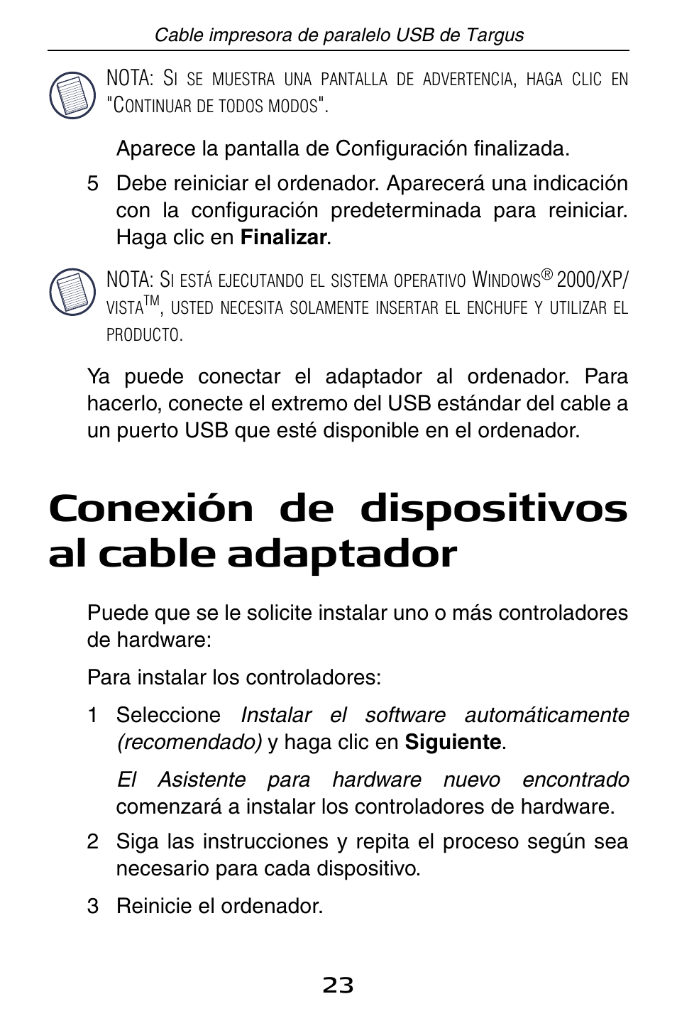 Conexión de dispositivos al cable adaptador | Targus PA096E User Manual | Page 23 / 66