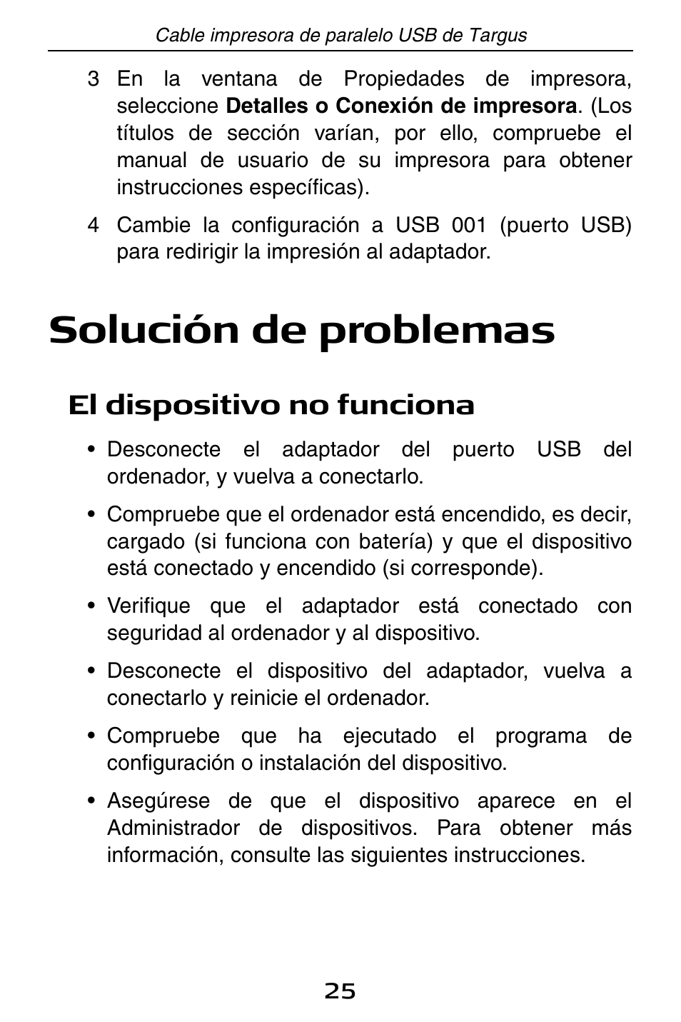 Solución de problemas, El dispositivo no funciona | Targus PA096E User Manual | Page 25 / 66