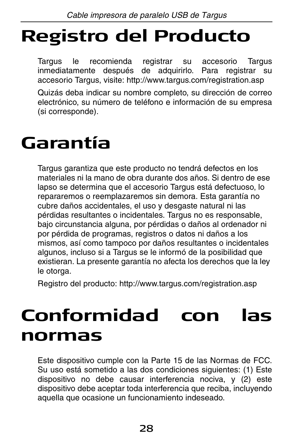 Registro del producto, Garantía, Conformidad con las normas | Targus PA096E User Manual | Page 28 / 66