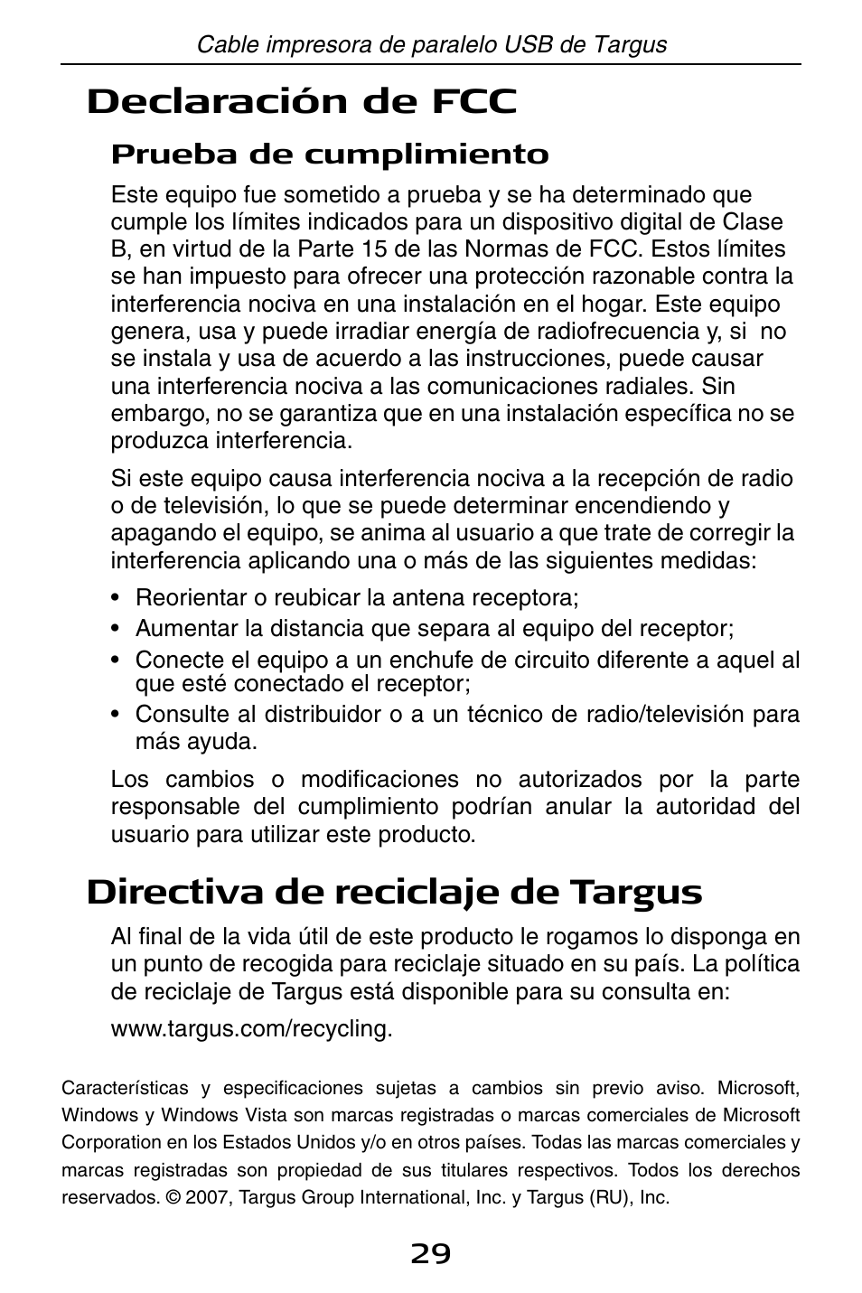 Declaración de fcc, Directiva de reciclaje de targus | Targus PA096E User Manual | Page 29 / 66