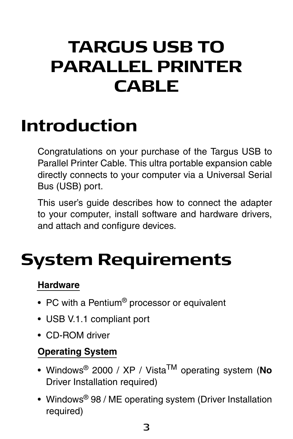 Targus usb to parallel printer cable introduction, System requirements | Targus PA096E User Manual | Page 3 / 66