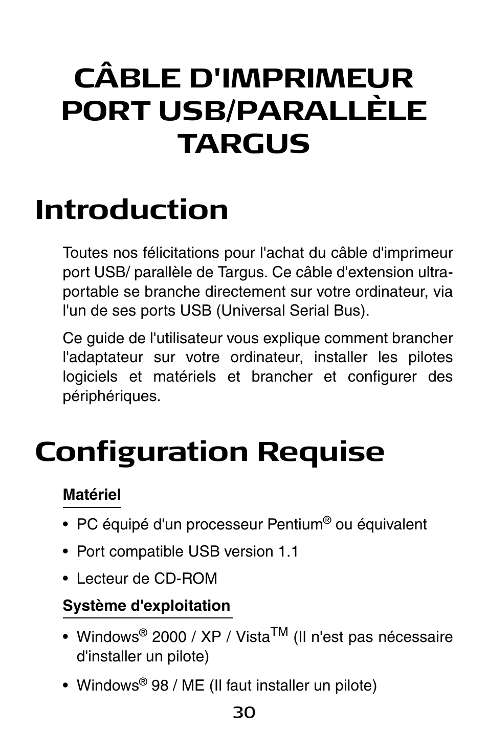 Configuration requise | Targus PA096E User Manual | Page 30 / 66