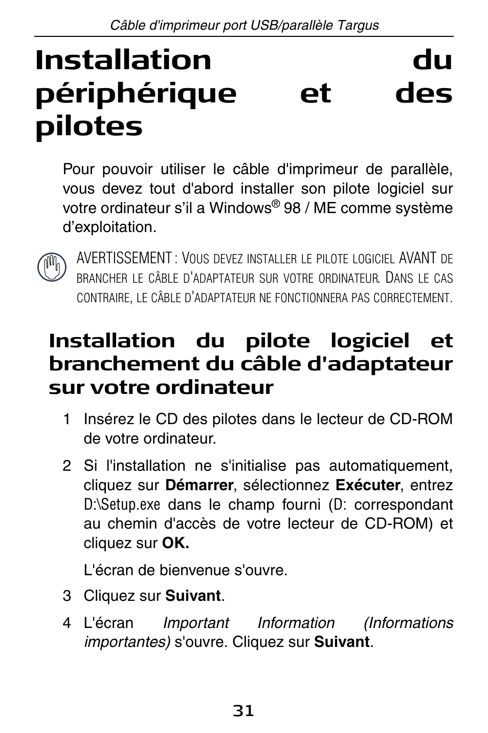 Installation du périphérique et des pilotes | Targus PA096E User Manual | Page 31 / 66