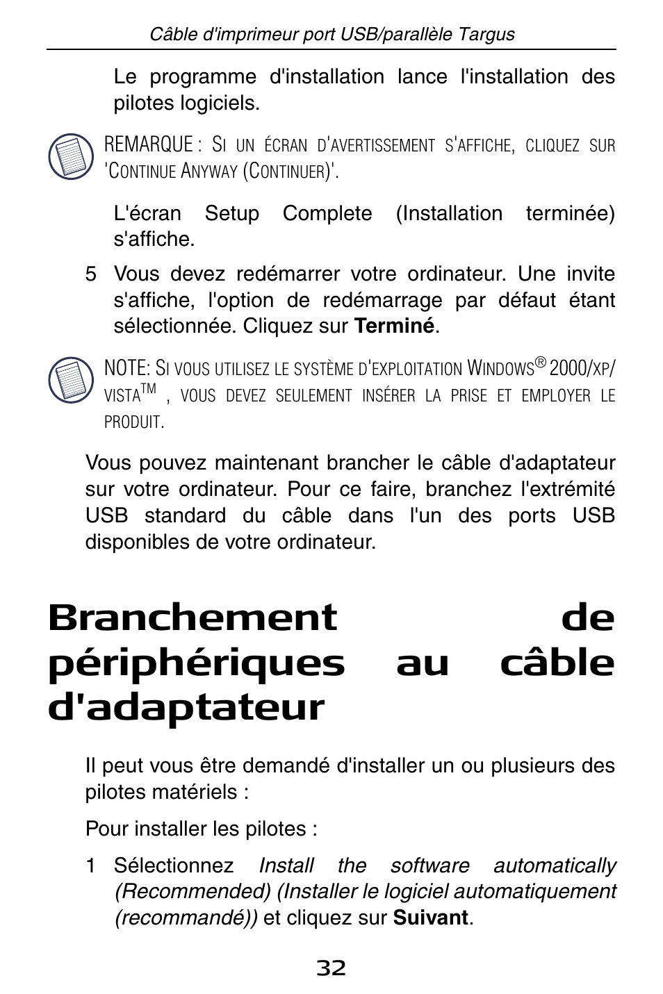 Branchement de périphériques au câble d'adaptateur | Targus PA096E User Manual | Page 32 / 66