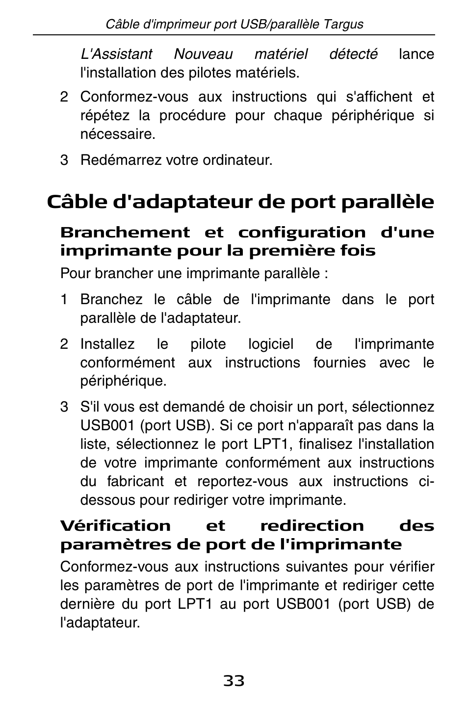 Câble d'adaptateur de port parallèle | Targus PA096E User Manual | Page 33 / 66