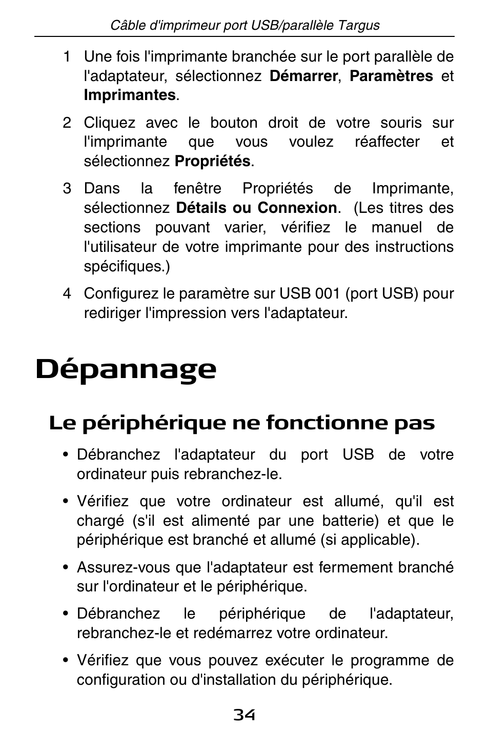 Dépannage, Le périphérique ne fonctionne pas | Targus PA096E User Manual | Page 34 / 66