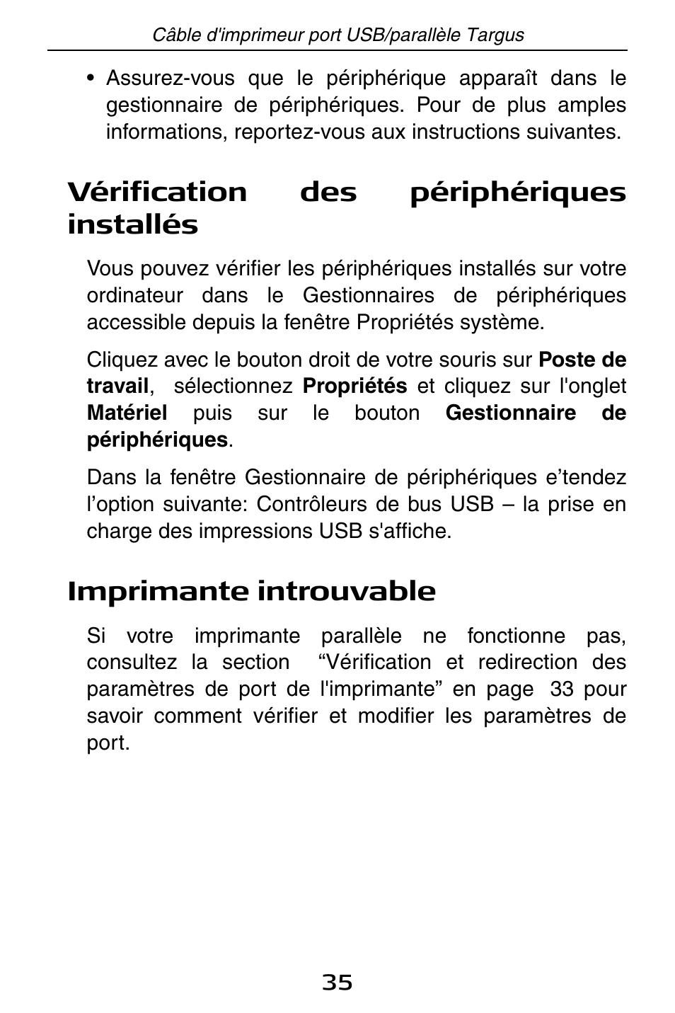 Vérification des périphériques installés, Imprimante introuvable | Targus PA096E User Manual | Page 35 / 66