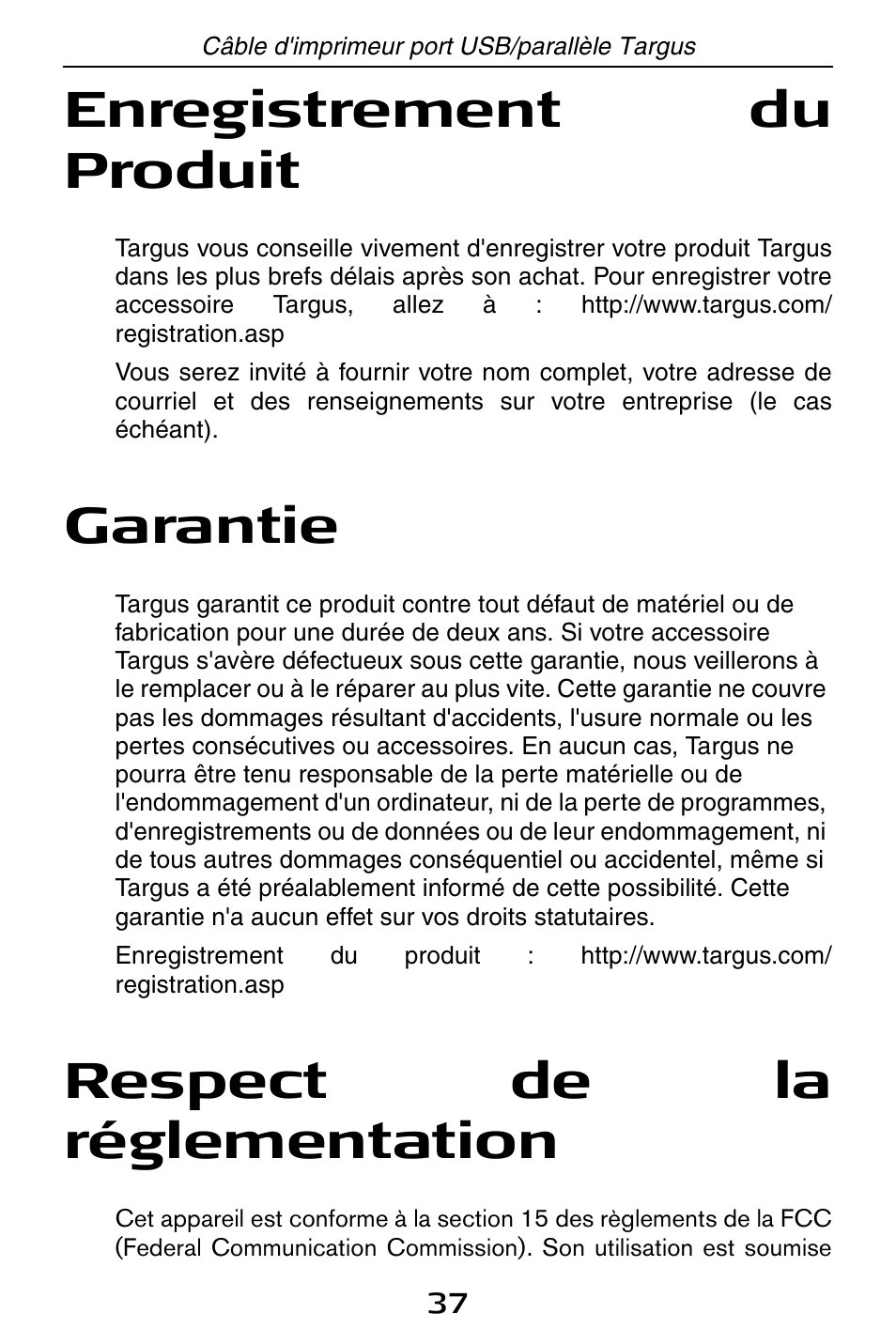 Enregistrement du produit, Garantie, Respect de la réglementation | Targus PA096E User Manual | Page 37 / 66