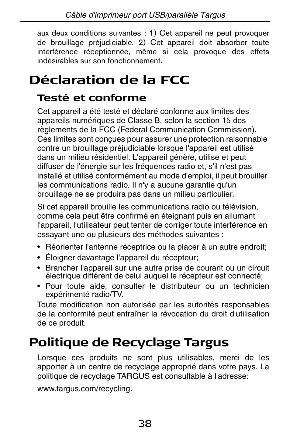 Déclaration de la fcc, Politique de recyclage targus | Targus PA096E User Manual | Page 38 / 66