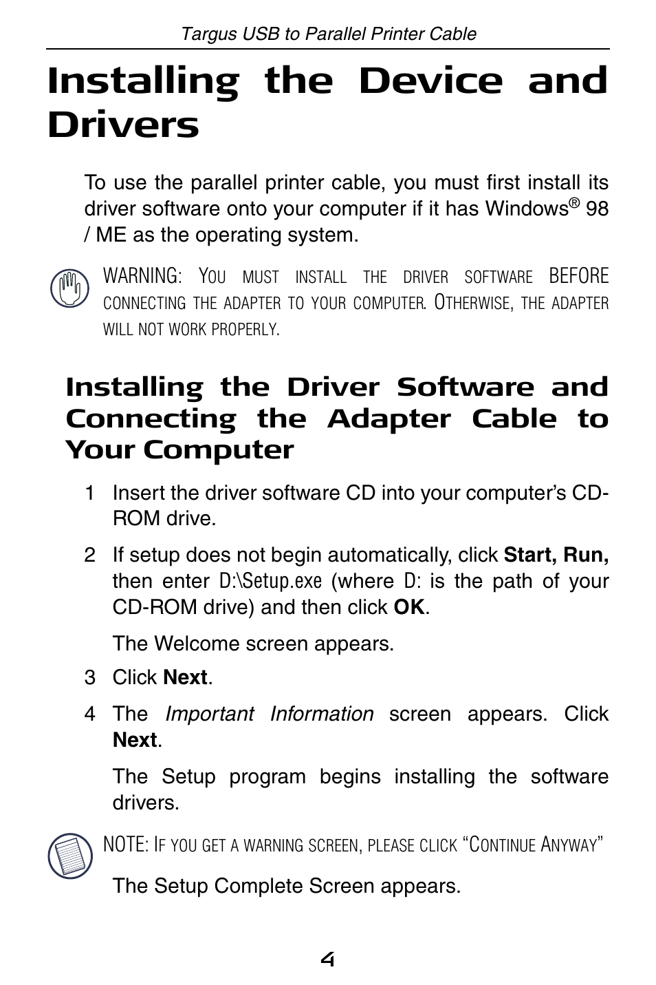 Installing the device and drivers | Targus PA096E User Manual | Page 4 / 66