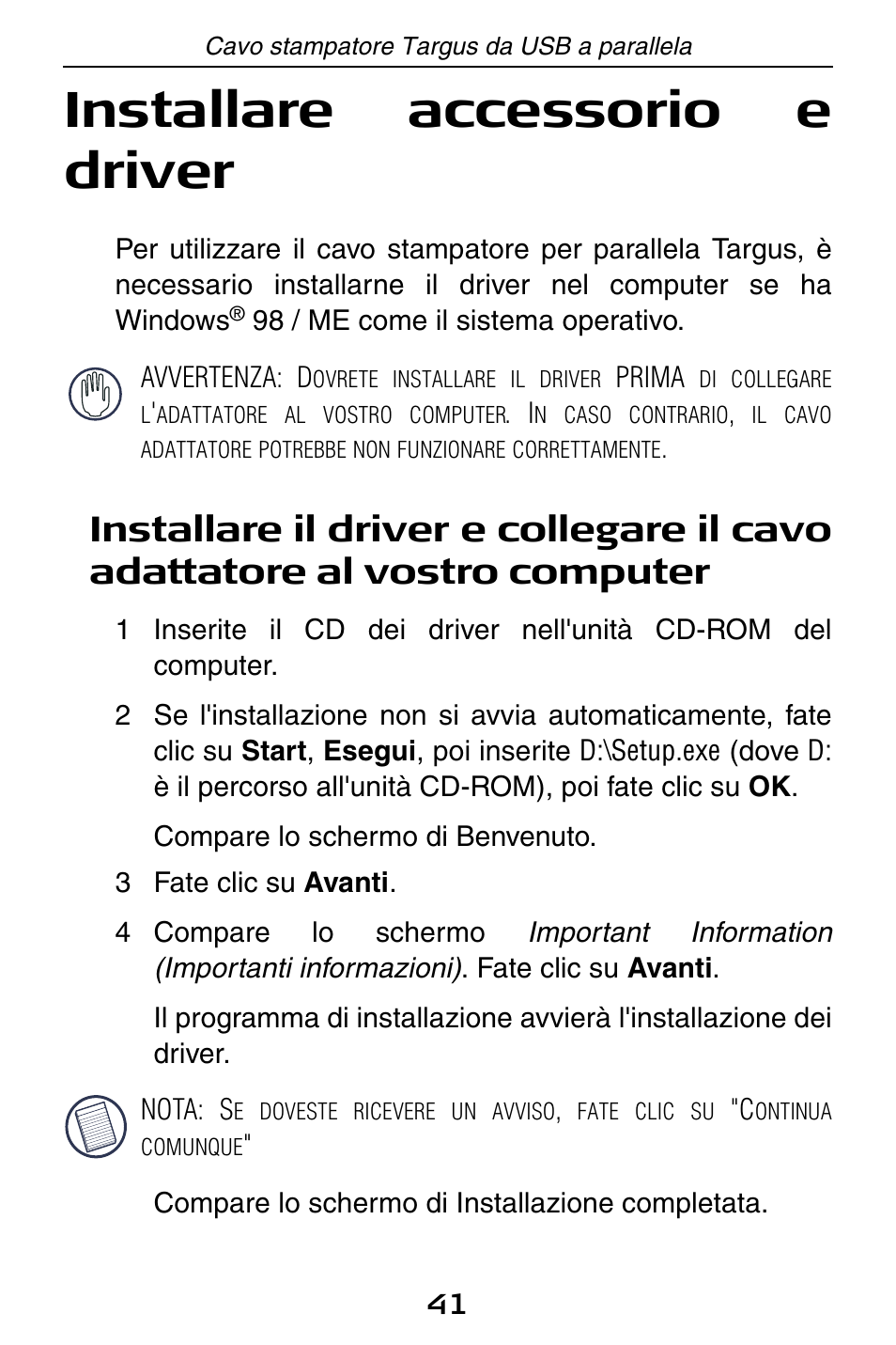 Installare accessorio e driver | Targus PA096E User Manual | Page 41 / 66