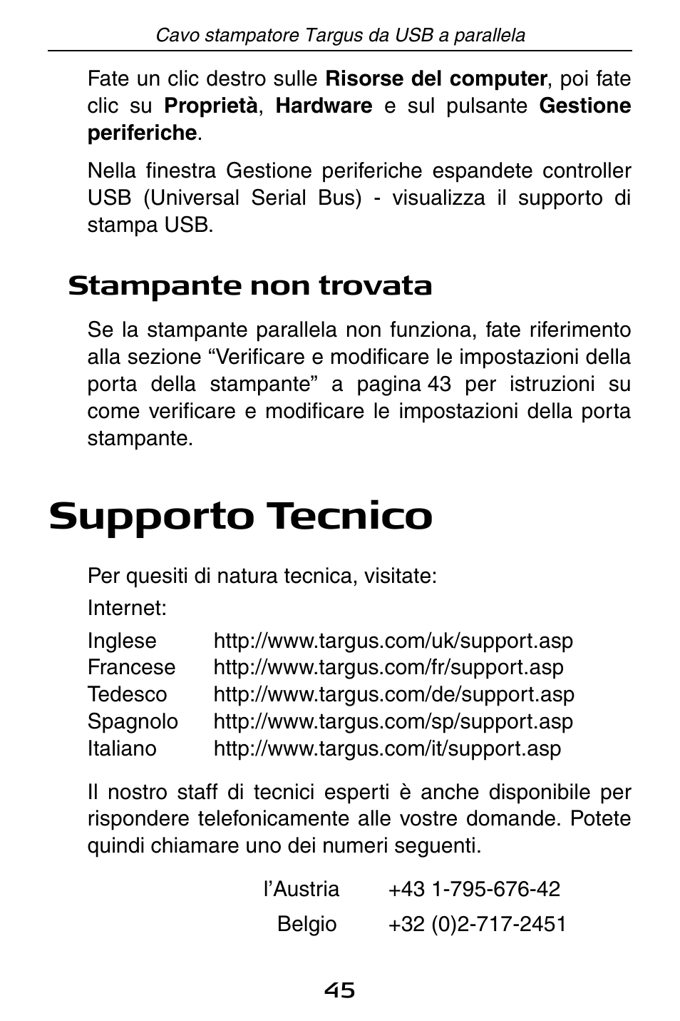 Supporto tecnico, Stampante non trovata | Targus PA096E User Manual | Page 45 / 66