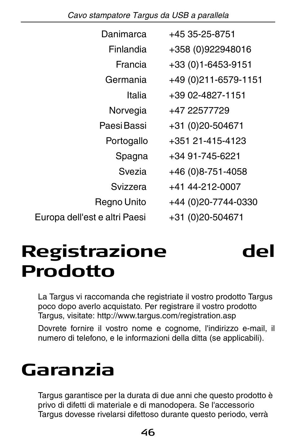 Registrazione del prodotto, Garanzia | Targus PA096E User Manual | Page 46 / 66