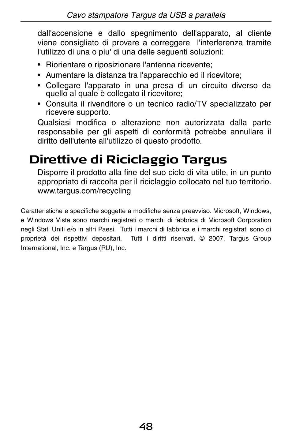 Direttive di riciclaggio targus | Targus PA096E User Manual | Page 48 / 66