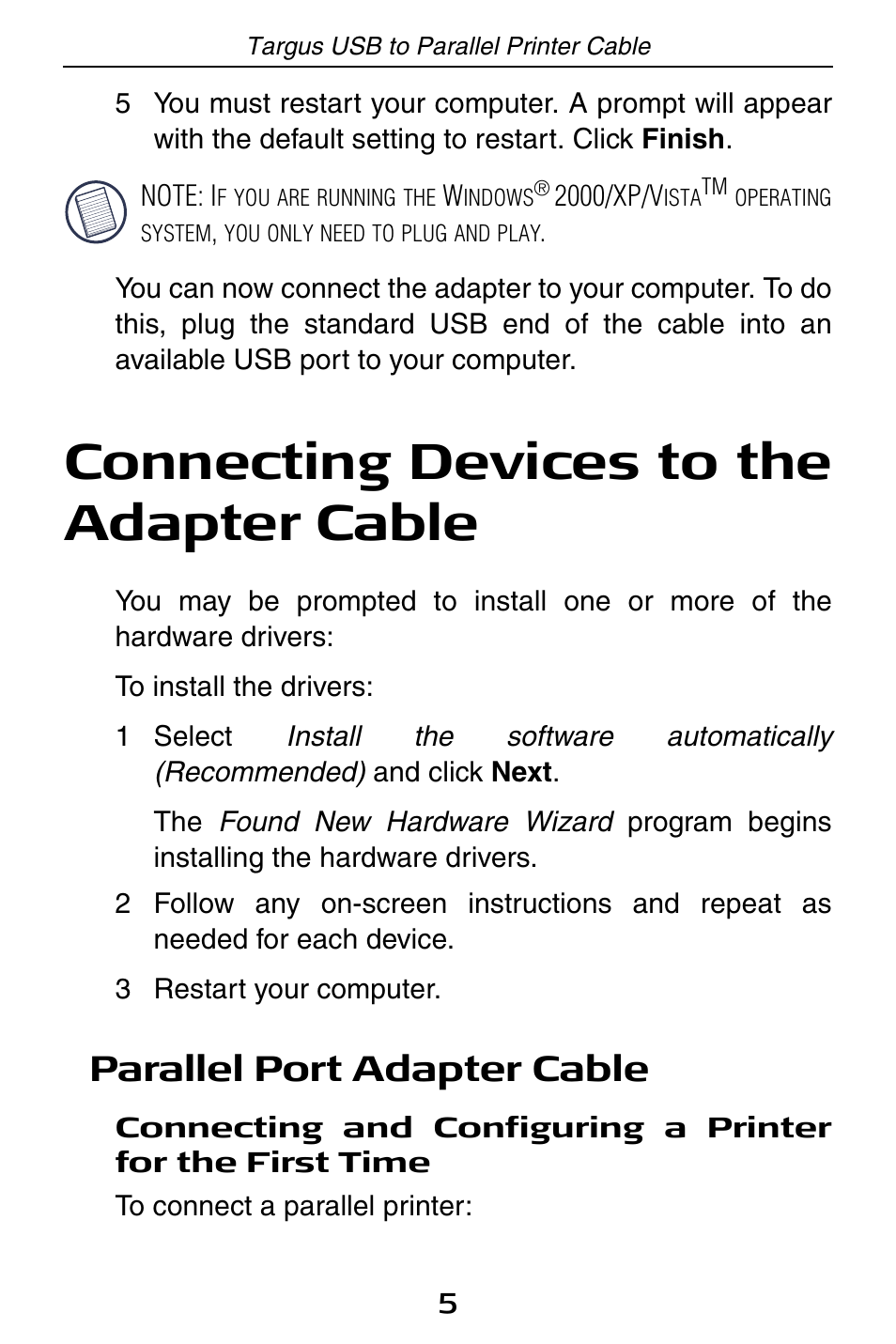 Connecting devices to the adapter cable, Parallel port adapter cable | Targus PA096E User Manual | Page 5 / 66