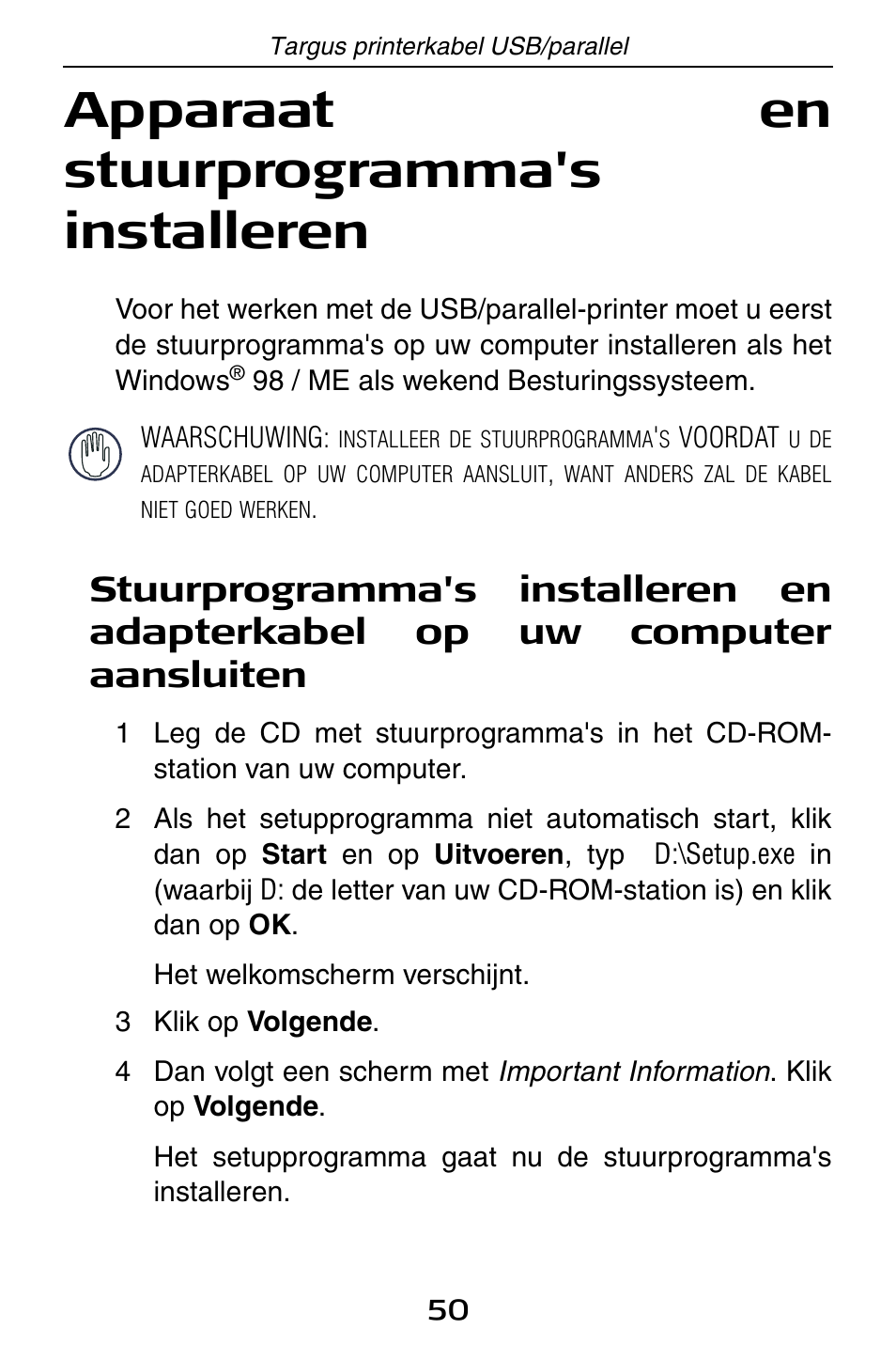 Apparaat en stuurprogramma's installeren | Targus PA096E User Manual | Page 50 / 66