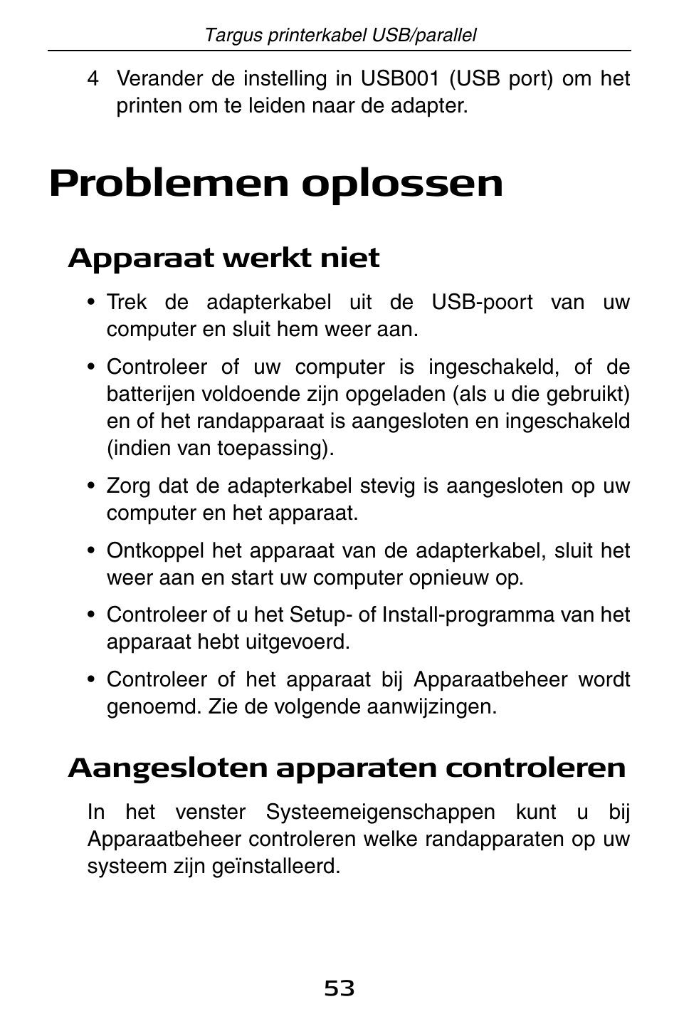 Problemen oplossen, Apparaat werkt niet, Aangesloten apparaten controleren | Targus PA096E User Manual | Page 53 / 66