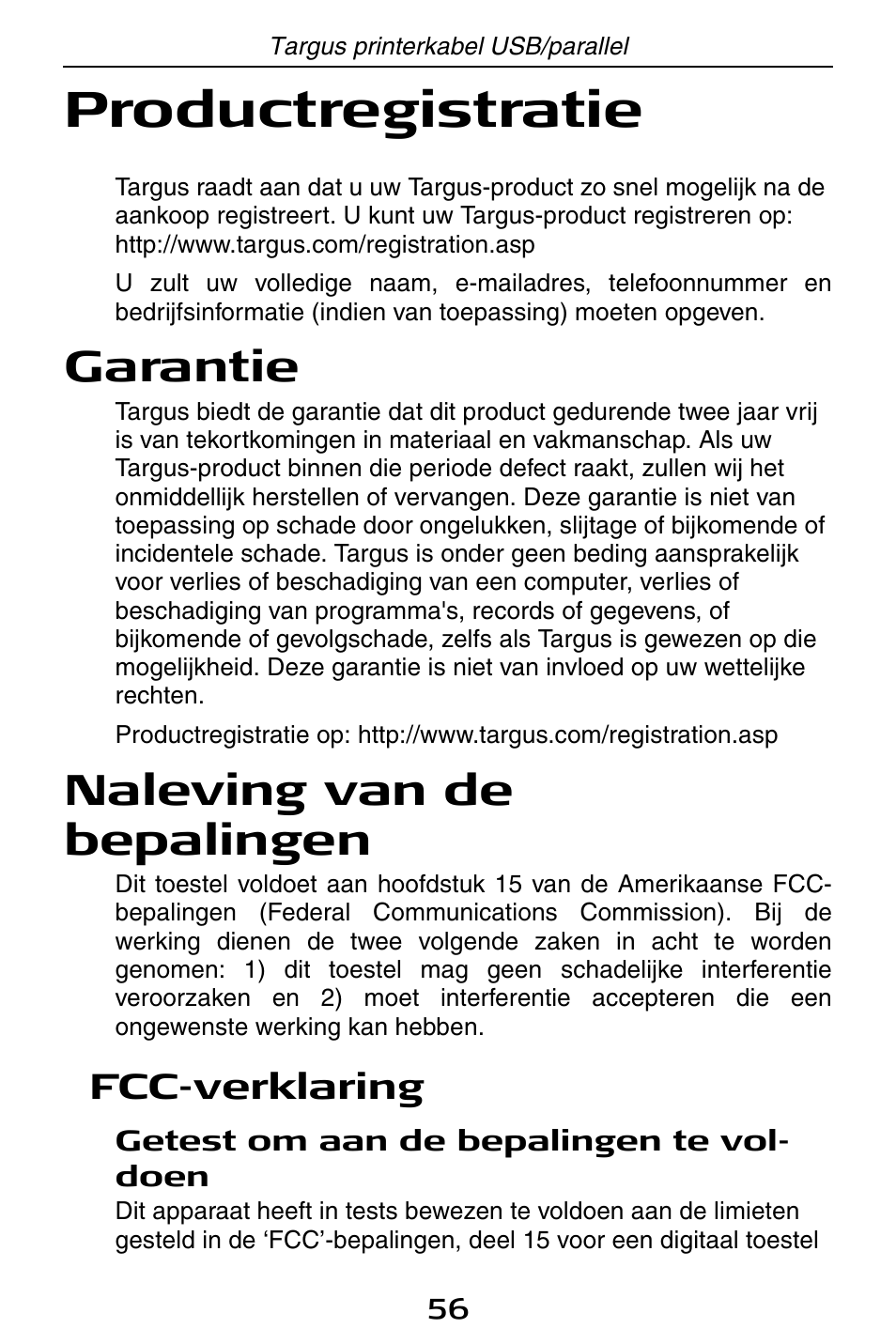 Productregistratie, Garantie, Naleving van de bepalingen | Targus PA096E User Manual | Page 56 / 66