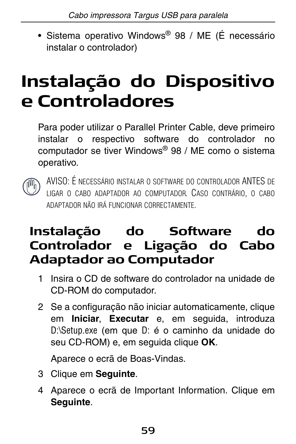 Instalação do dispositivo e controladores | Targus PA096E User Manual | Page 59 / 66