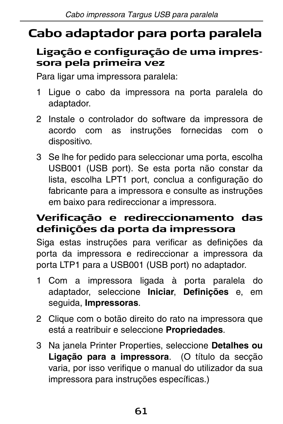 Cabo adaptador para porta paralela | Targus PA096E User Manual | Page 61 / 66