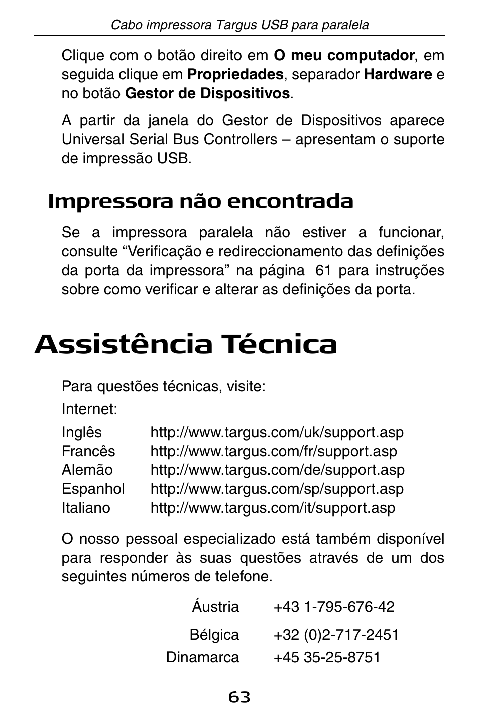 Assistência técnica, Impressora não encontrada | Targus PA096E User Manual | Page 63 / 66