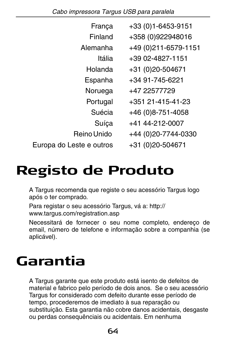 Registo de produto, Garantia | Targus PA096E User Manual | Page 64 / 66