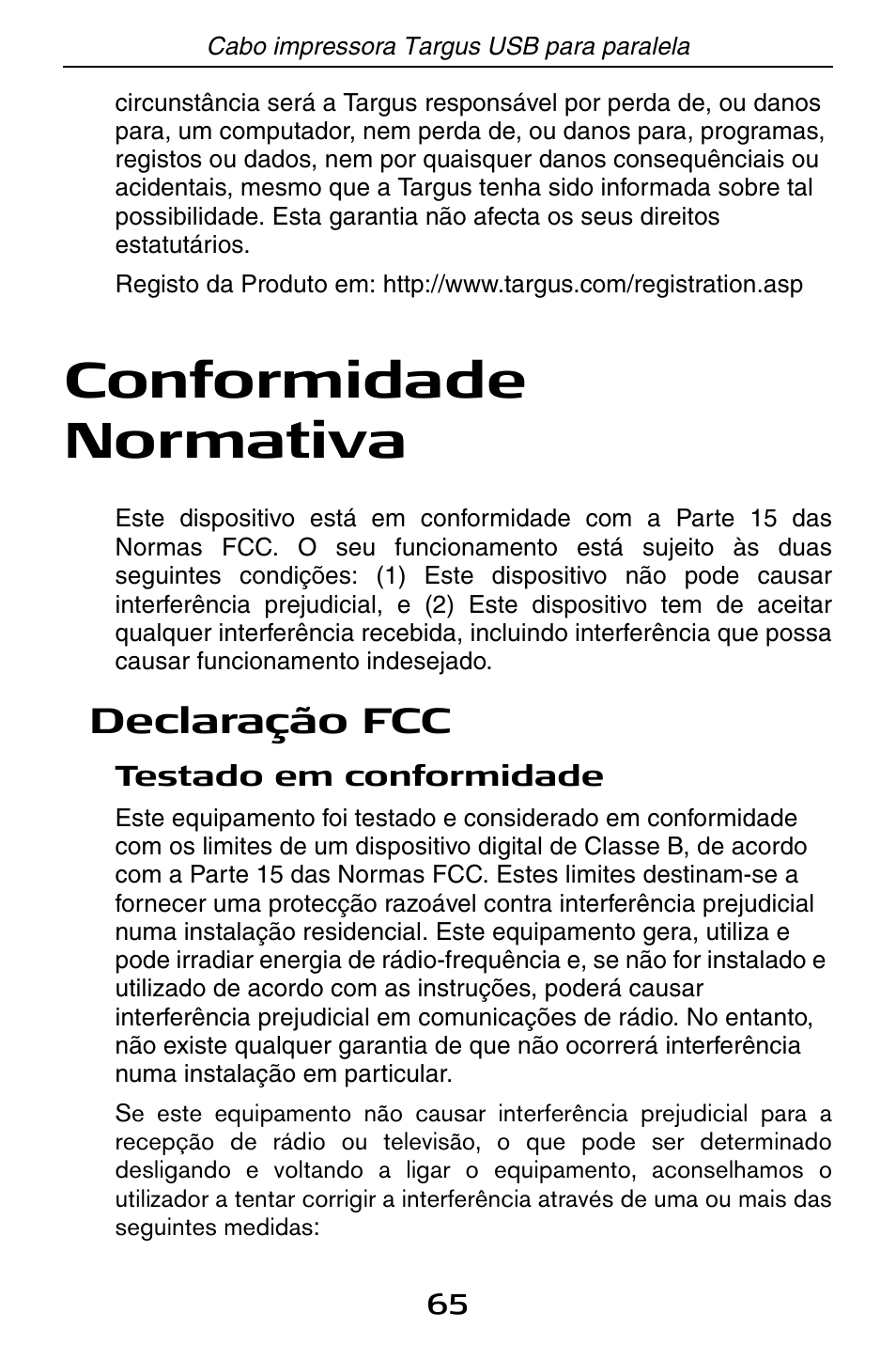 Conformidade normativa, Declaração fcc | Targus PA096E User Manual | Page 65 / 66