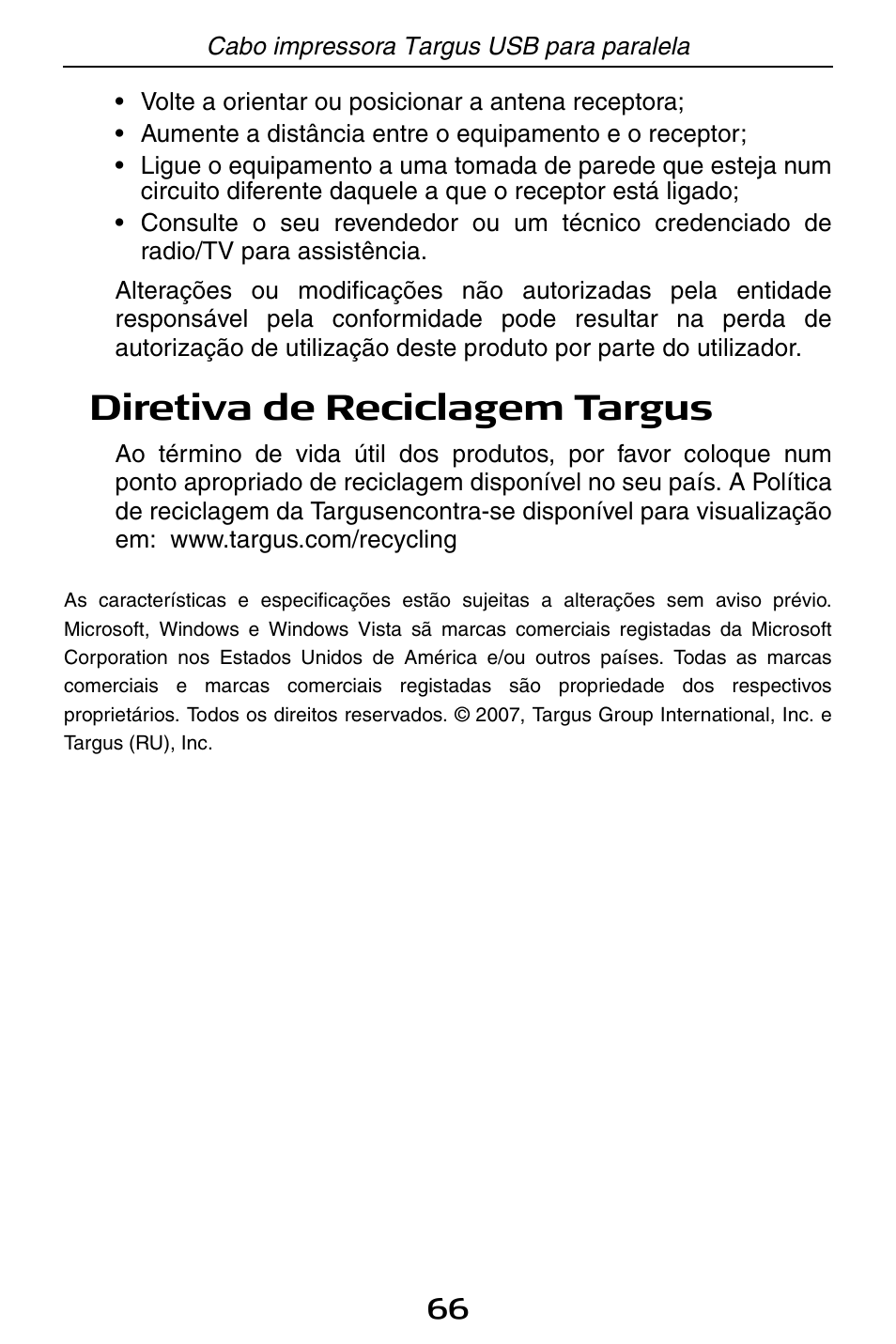 Diretiva de reciclagem targus | Targus PA096E User Manual | Page 66 / 66