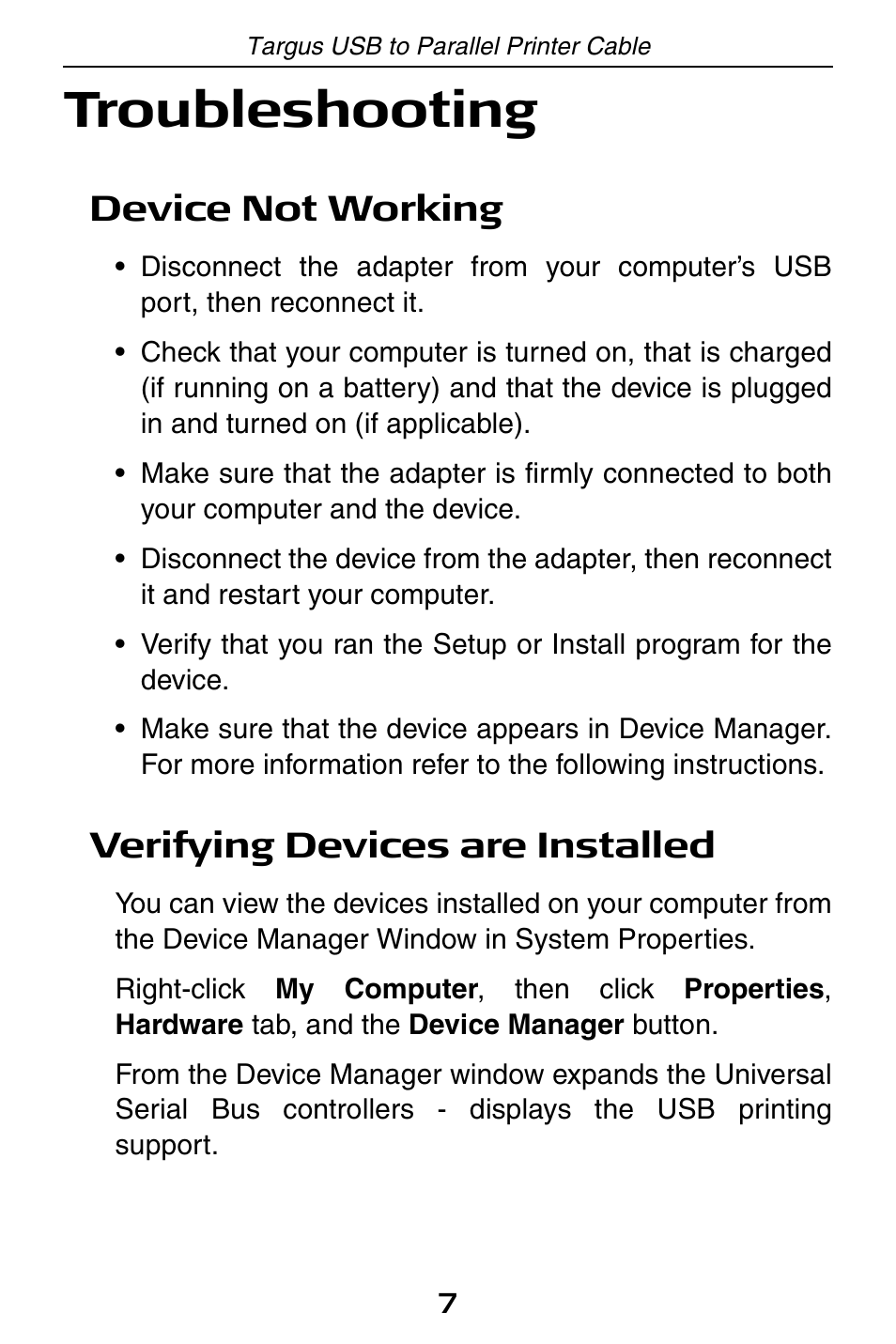 Troubleshooting, Device not working, Verifying devices are installed | Targus PA096E User Manual | Page 7 / 66